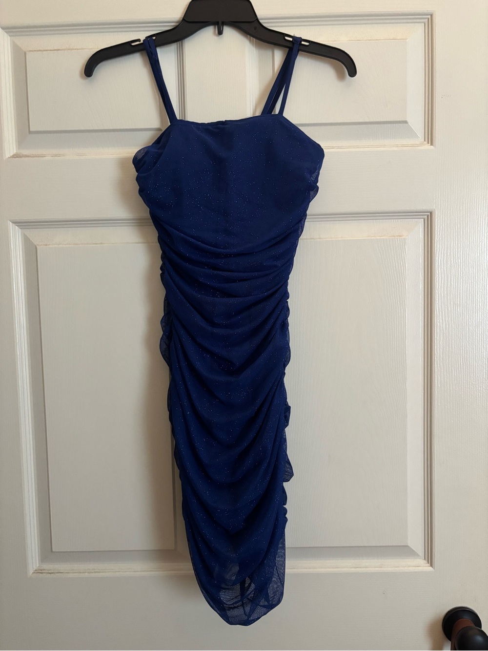 Navy Ruched Spaghetti-Strap Homecoming Dress